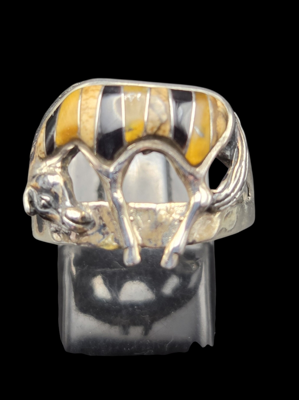 Sterling Silver Jasper And Onyx Horse Ring Size 9